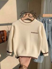 Boys' Preppy Colorblock Plaid Crew Neck Knit Sweater Pullover, Suitable For School Daily Wear In Spring, Autumn And Winter - Apricot - View 3