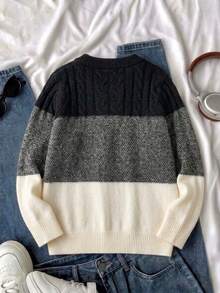 Big Boys' College Style Colorblock Striped Chunky Knit Pullover Sweater, Long Sleeve, Suitable For Campus And Casual Wear, Spring/Autumn/Winter - Black - View 4