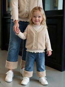 Baby Girl Autumn/Winter 3 Pieces Set, Plush Vest, Long Sleeve Base Layer, Denim Wide Leg Pants, Medium Thick, Cute Casual - Apricot - View 1