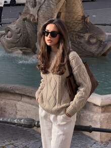 Women's Ribbed Knit Long Sleeve Argyle Pattern Pullover Sweater Regular Fit High Elastic Fabric Autumn Fashion - Khaki - View 6