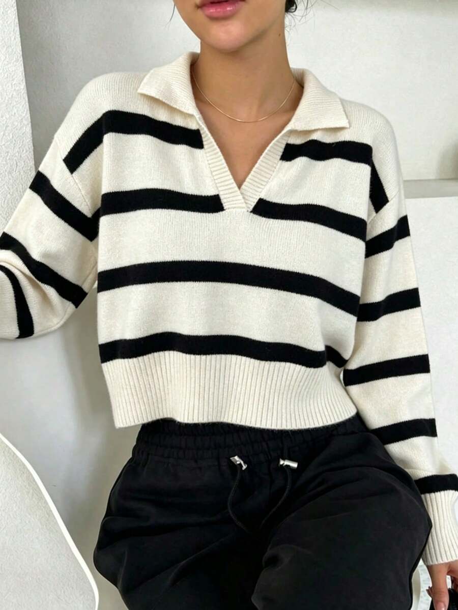 Jersey corto de rayas,ropa de otoño para mujer, suéter de punto de manga larga con cuello de solapa, contraste de color a rayas, casual, vuelta al colegio en blanco,