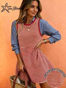 Spring/Summer Striped Sleeveless Cover-Up Dress, Suitable For Beach Vacation And Afternoon Tea - Red and White - View 7