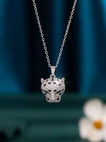 1pc Women's Leopard Head Pendant Necklace, Fashionable Animal Charm Necklace, Sparkling Rhinestone Detail Jewelry For Daily Wear - Multicolor - View 5