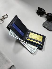 1pc Black Premium Men's Bifold Wallet, Durable Faux Leather Multi-Card Slot Wallet, Lightweight Versatile Short Wallet, ID Holder, Portable Coin Purse, Daily Commute, Business Office, Holiday Gift - Black - View 9