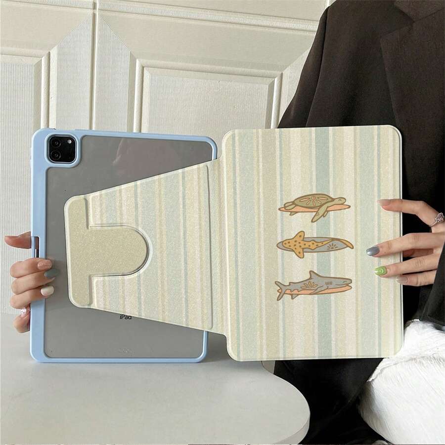 1件淺綠色條紋可愛海洋生物海龜鯊魚魟魚卡通平板保護殼，附筆槽，多角度磁吸支架蓋，支援自動休眠/喚醒功能，相容 iPad Pro/Air、Pad 5/6/7、Pad、MatePad、Pad、Honor Pad、Pad