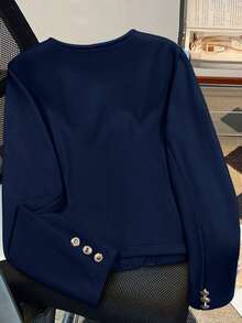 Round Neck Metal Button Short Wool Blazer, Long Sleeve Cuff Button Decor Patch Pocket Wool Short Coat, Elegant Autumn/Winter Outerwear, Suitable For Business Commute, Evening Party, Shopping And Photography - Navy Blue - View 5