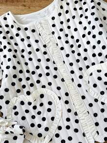 Women's Casual Versatile Holiday Style Random Print Polka Dot Fashion Ruffle Hem Heart Decor Top, Brunch - Multicolor - View 8