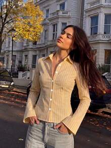Women's Yellow Striped Front Placket Shirt, Flared Long Sleeves, Classic Pointed Collar Top, Polyester Fabric, Preppy Autumn Outfit - Light Yellow - View 4