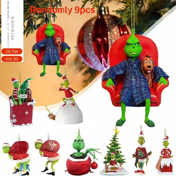 Asmodee Collaboration 2D Flat 9pcs Grinch Christmas Hanging Ornaments Christmas Tree Decoration Holiday Decor Acrylic Material With Hanging Hook 9 Different Styles Green Yellow Suitable As Christmas Gift Halloween Gift Birthday Gift (Random Pattern)