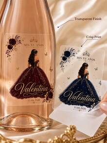 2/4/8pcs Customized Wine Bottle Label Stickers, Personalized Name & Date, Princess Dress Floral Butterfly Pattern, Sweet 15 15th Birthday Party Favor Table Decor - Multicolor - View 6
