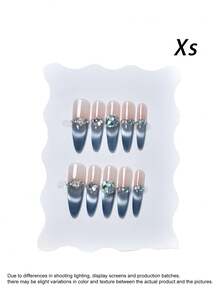 10pcs Handmade Long Almond Shape Press-On Nails, Gradient Blue Cat Eye With Large Blue Rhinestone Decor, Reusable Removable Adhesive Acrylic Artificial Nail Tips, Suitable For Daily Wear, Dates And Parties - Multicolor - View 8