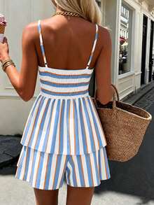 Dirp Noir Women's Autumn Multi-Color Striped Shirred Pocket Camisole & Shorts 2 Pieces Set, Suitable For Commuting, Travel, Dating, Back To School, Outings - Blue and White - View 3