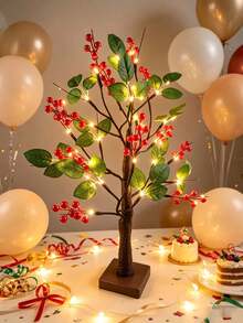 1 buah Lampu Pohon LED Daun Hijau Berry Merah 60cm, 24 LED, Daya Ganda USB & Kotak Baterai 3-AA, Cahaya Hangat, Ornamen Meja untuk Dekorasi Rumah dan Kamar Tidur Liburan Natal (Baterai Tidak Termasuk) - Kuning - View 9