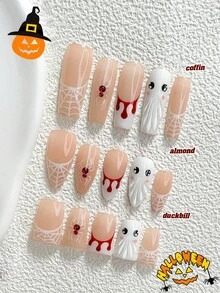 萬聖節主題 10 件組可愛風手工穿戴甲，Polygel 美甲套組，蜘蛛網、蜘蛛、幽靈圖案，紅白色美甲，甜美風，3 種尺寸可選，杏仁形、鴨嘴形、棺材形，適合派對、舞會、日常佩戴（手工細節可能有所不同） - 彩色 - 查看 1