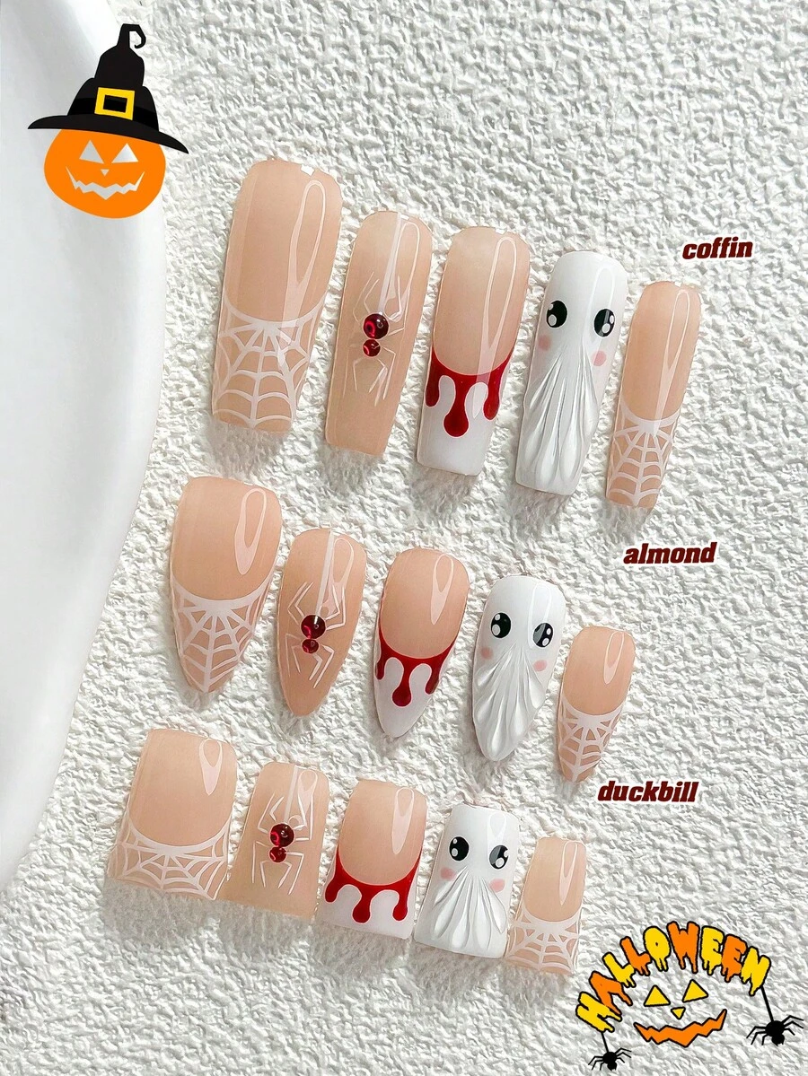 萬聖節主題 10 件組可愛風手工穿戴甲,Polygel 美甲套組,蜘蛛網、蜘蛛、幽靈圖案,紅白色美甲,甜美風,3 種尺寸可選,杏仁形、鴨嘴形、棺材形,適合派對、舞會、日常佩戴(手工細節可能有所不同) - 彩色 - 查看 1