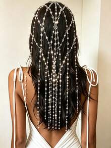 1pc Elegant Hollow Pearl Hair Hoop Chain, Women's Fashion Sparkling Rhinestone Tassel Hair Accessory For Daily Wear And Party - Silver - View 1