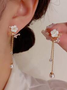 1對金色精緻極簡奢華甜美小眾設計百搭白色花朵貝殼流蘇仿珍珠耳環，2種穿戴方式可作為耳墜與耳釘，適合女性日常、度假、通勤 - 金色 - 查看 8