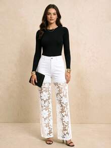 Women's White Lace Patchwork Jeans, Hollow Lace Design, Street Casual Style, Everyday Long Pants - White - View 1