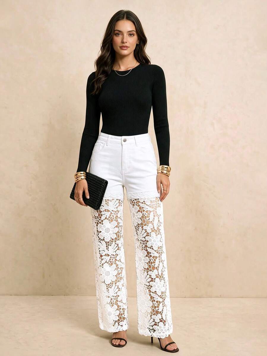 Women's White Lace Patchwork Jeans, Hollow Lace Design, Street Casual Style, Everyday Long Pants - White - View 1