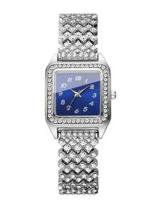 Women's Luxury Full Rhinestone Square Quartz Watch, Sapphire Blue Dial Full Rhinestone Alloy Band With Rhinestones, Versatile Wristwatch For Party And Banquet, Gift For Girlfriend (1pc/Set) Watch Box Not Included - Silver - View 9