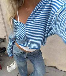 Women's Striped Knit Cardigan, Cropped Blue And White Stripe Button Detail Long Sleeve Round Neck Sweater For Spring Outfits, Medium Stretch Knitwear - Blue and White - View 7