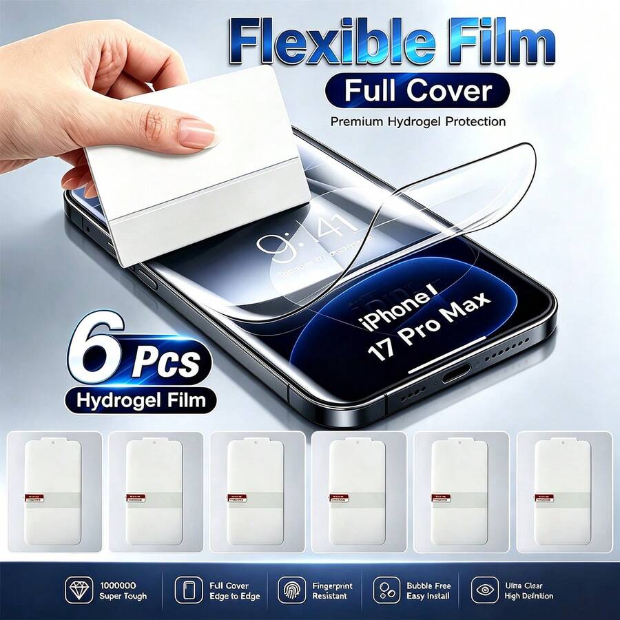 Yezodawee 6片裝防塵水凝膠螢幕保護膜,相容 iPhone 18 Pro Max/18 Pro/17 Pro Max 6.9 吋,相容 17 Pro/17/17 Air/16 Pro Max/16/16 Pro/16 Plus/15 Pro Max/15/15 Pro/15 Plus/14 Pro Max/14/13 Pro Max/12/11,高清晰透明凝膠膜,支援指紋解鎖,超薄自我修復 - 6pcs - 查看 1