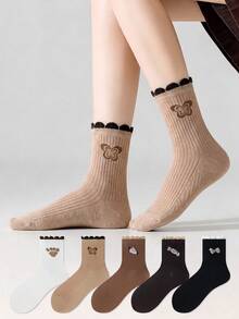 ZUJO 5 Pairs Women's Mid-Calf Socks, Maillard Brown, Bow, Candy, Cartoon Puppy Patterns, Comfortable Breathable Warm, Suitable For Spring, Autumn, Winter Daily Wear, Random Color Shipment - Multicolor - View 1
