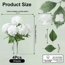 4pcs Artificial Autumn Hydrangea Flower Stems For Outdoor Use, UV Resistant Realistic Faux Plants For Bouquets, Home Outdoor Wedding Party Centerpiece Decor - White - View 6