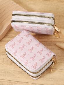 Women's Bow Print Double Zipper Zip Wrap Credit Card Storage Bag With Large Capacity And Multiple Card Slots, Suitable For Outdoor Use - Pink - View 5