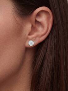 White Gold Plated S925 Silver Black CZ Round Studs, Dainty Hypoallergenic Earrings With Gift Box For All Festivals - White - View 8
