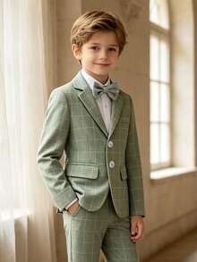 3pcs Young Boy Plaid Suit Set: Blazer, Pants, Bowknot . Suitable For Party, Wedding, School Performance, Autumn - Green - View 2