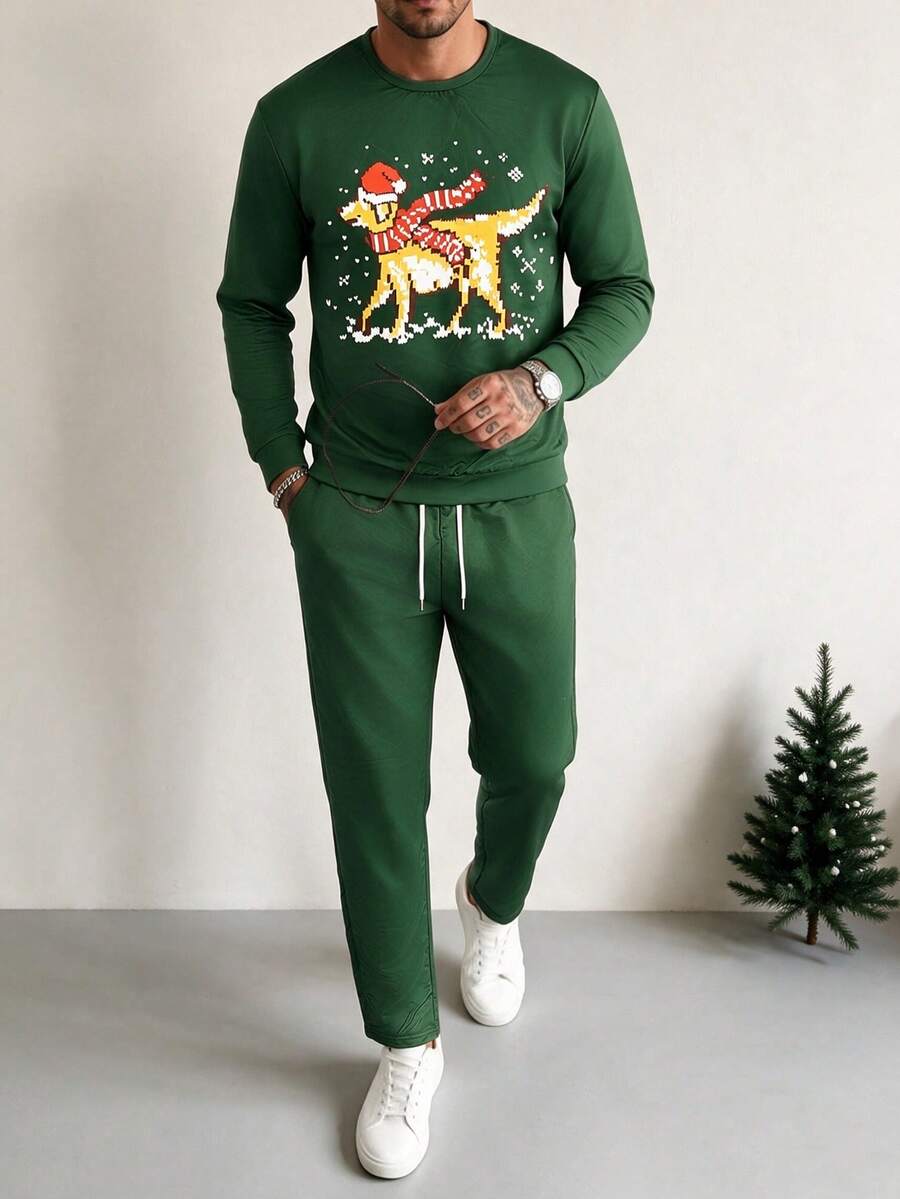 Men's Christmas Element Print Round Neck Drop Shoulder Sweatshirt And Pants Set - Multicolor - View 1