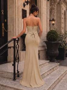 VIPGIRL Elegant Sleeveless Strapless Long Bridesmaid Dress, Backless Zipper Design, Thigh Slit, Suitable For Formal Parties And Prom Night - Khaki - View 2