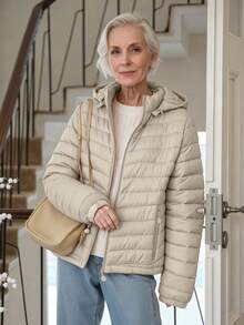 Giolshon Women's Minimalist Hooded Padded Coat With Pockets, Puffer Jacket For Autumn/Winter - Beige - View 3