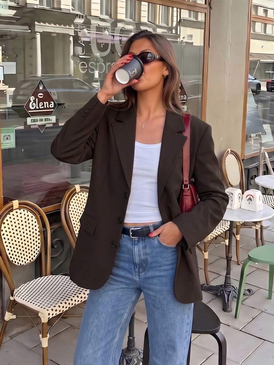 Women's Spring/Autumn Deep Brown New Woven Notch Lapel Single-Breasted Long Sleeve Blazer, Business Casual, Daily Commute, Office, Workplace, Formal Occasions - Coffee Brown - View 1
