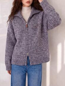Women's Autumn/Winter Vintage Style New Yarn Lapel Cardigan Jacket - Floral Purple - View 1