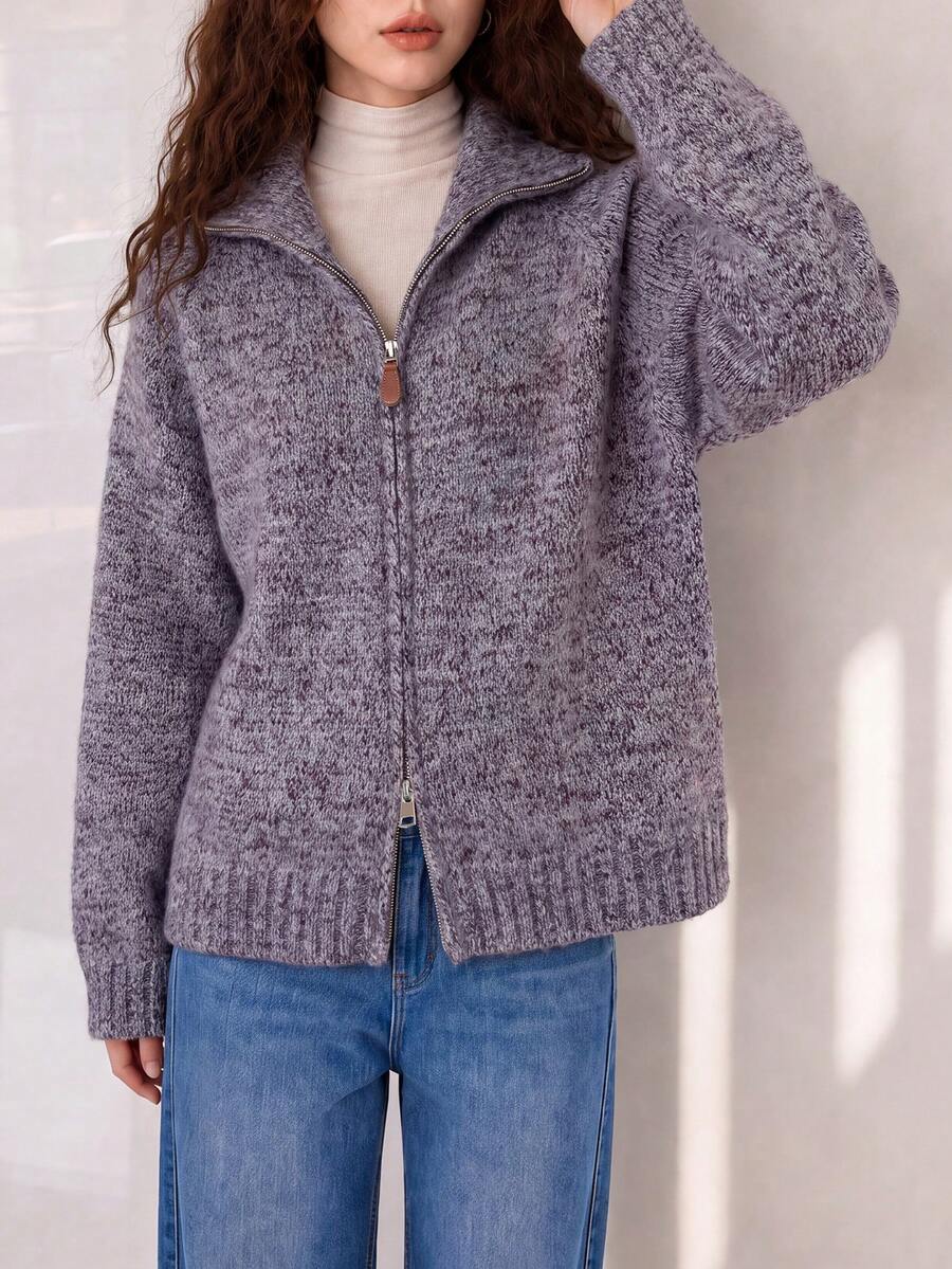 Women's Autumn/Winter Vintage Style New Yarn Lapel Cardigan Jacket - Floral Purple - View 1