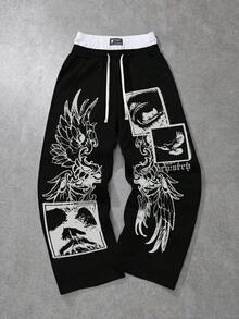 Men's Black Gothic Pattern Double Waistband Loose Sweatpants, Y2K Street Style, Suitable For Daily Wear, Party And Hip-Hop Street Looks - Black - View 2