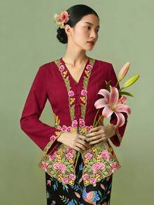 1件優雅刺繡長袖女式襯衫，適合度假、生日派對與日常穿著 - 酒紅色 - 查看 1