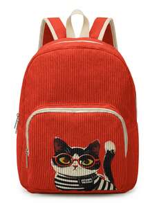 1PC Kitten‑Print Women Mini Backpack, Corduroy Girl School Bag, Travel Storage Bag, Large Capacity Foldable Lightweight Backpack, Multi‑Pocket Layered Design With Zipper Closure - Cartoon Kitten 23043 - View 5