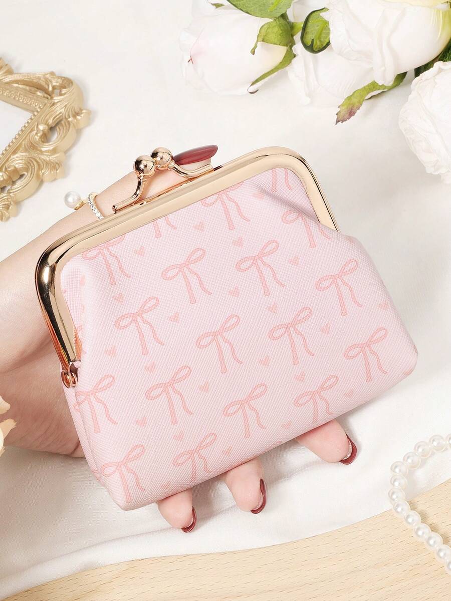 Fashion Bow Printed Coin Purse With Closed Clip, Women's Short Multifunctional Coin Purse, Driver's License Wallet, Card Bag