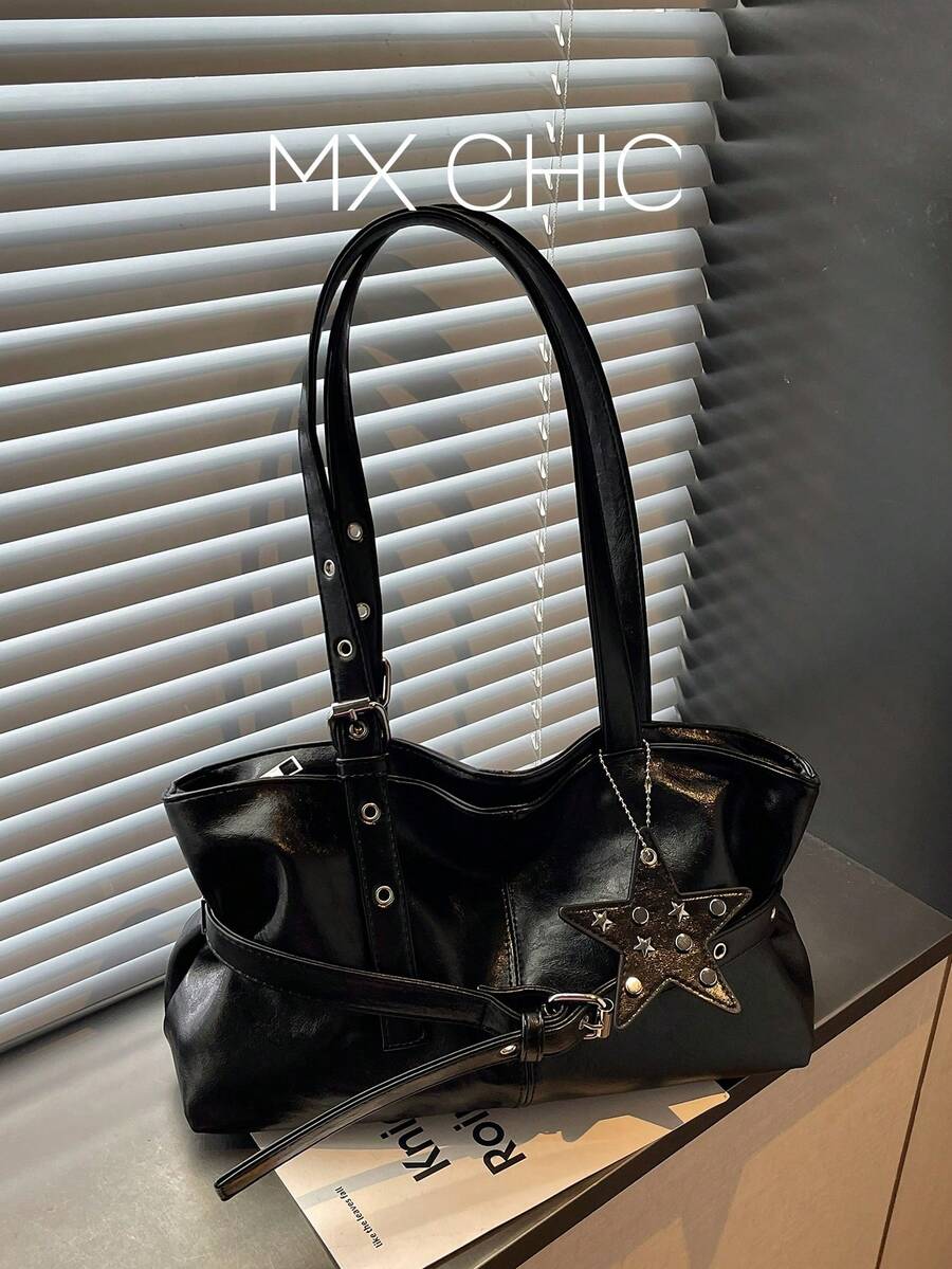 1件女款純色單肩托特包,大容量時尚秋冬新款麂皮手提包,適合辦公、通勤、購物、度假、旅行,可作為禮物使用 - 黑色 - 查看 1