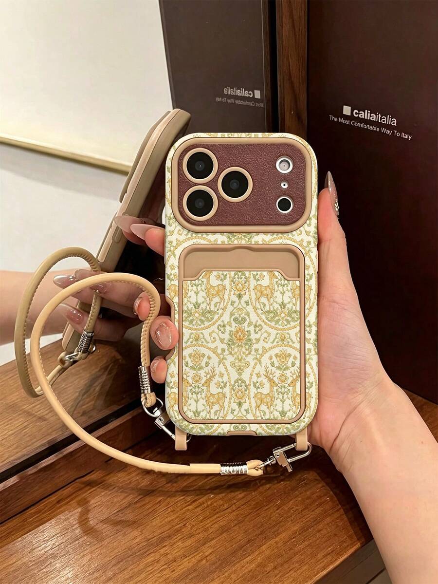 1個卡套掛繩 繪圖紋 PU 皮革經典防摔軟卡槽短掛繩手機殼，適用於 Apple 17Pro/17/Air/17Promax/11/12/13/14/16 Pro Max/16 Pro/15 系列，鏡頭保護，節日禮物 - 彩色 - 查看 1