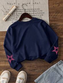2pcs Set: Girls' College Style Digital Graphic Print Crew Neck Sweatshirt And Printed Casual Wide Leg Pants, Suitable For Autumn/Winter, School, Shopping And Sports - Navy Blue - View 6