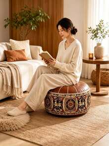 1pc New Leather Storage Bag, Soft Leather Unpadded Storage Stool, Living Room Bedroom Storage Stool, Shoe Changing Storage Sofa, Round Storage Bag, Suitable For Home, Car, Garden, Sunroom, Home Decor, Back To School Season, Room Decoration - Jiurui Chengxiang - Brown - View 2