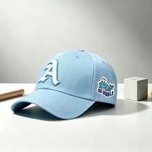1pc Unisex Curved Brim Baseball Cap, Front A‑Letter Embroidery, Side Cartoon Whale Oh‑Whale Print, Adjustable Strap, For Street, Travel Daily Wear - Multi-color - View 6
