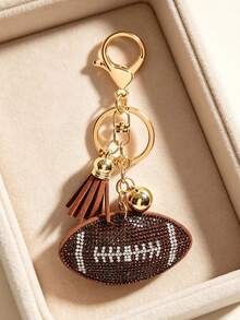 Football Pattern Rhinestone Keychain Fashion Tassel Women's Bag Charm Accessory Keychain Car Pendant - Coffee Brown - View 6