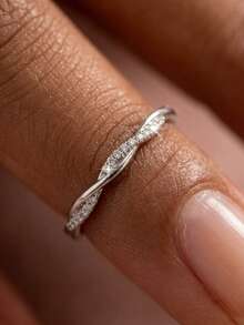 rakol 1pc Fashionable Cubic Zirconia Silver Twisted Minimalist Thin Ring For Women - Silver - View 2