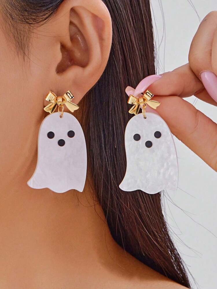 1 Pair Halloween Acrylic Earrings Funny Bow White Cute Ghost Cartoon Earrings (No Card) For Kids - Multicolor - View 1