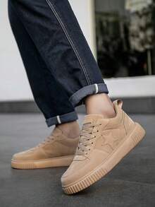 Men's Niche Minimalist Solid Color Patchwork Front Lace-Up Versatile Casual Sneakers, Outdoor Fashion Lightweight Daily Business Commute Comfortable Flat Sports Shoes - Khaki - View 11
